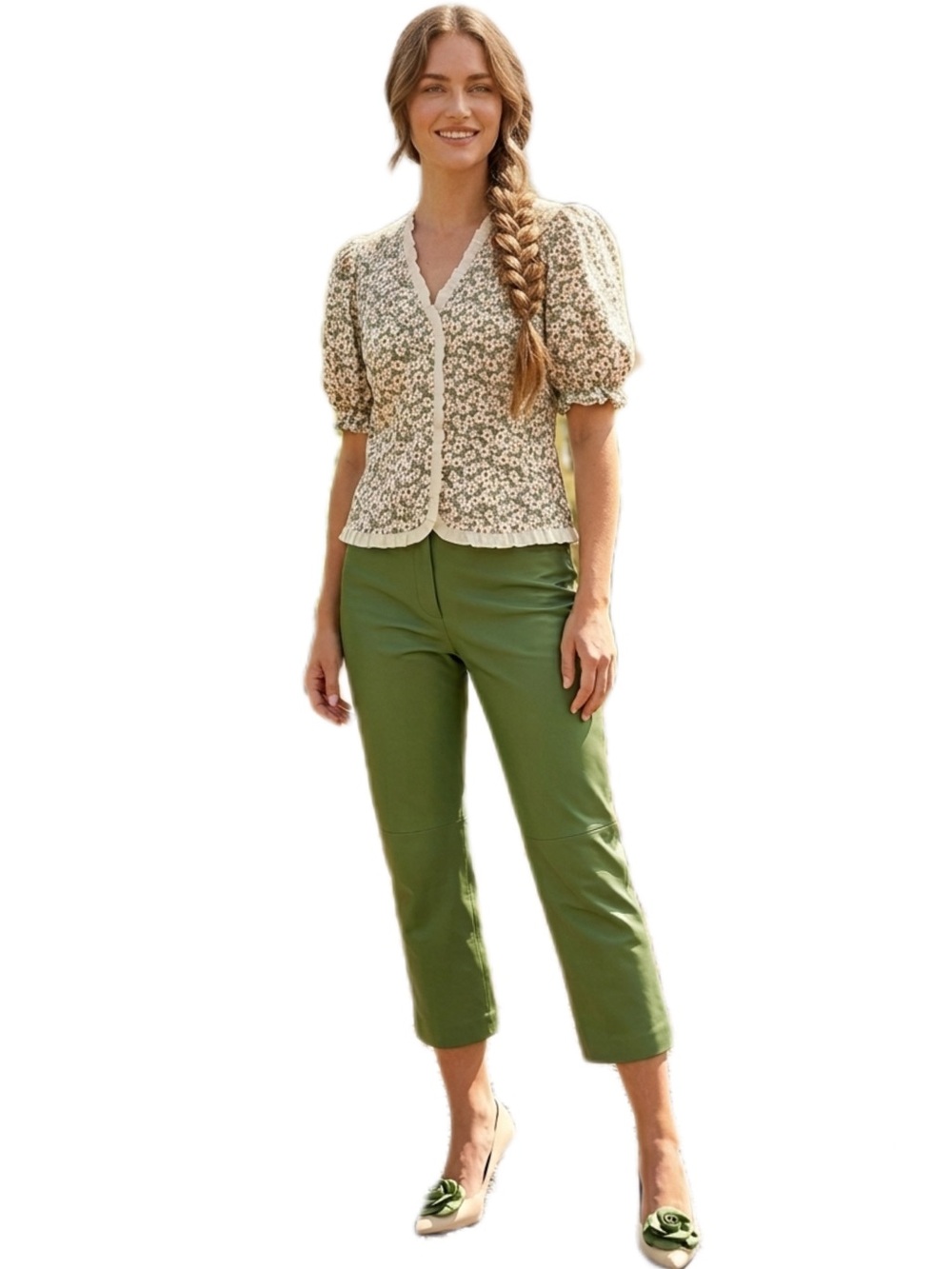 Cottage Core Cream Floral  Ruffle-Trim Puff Sleeve Blouse